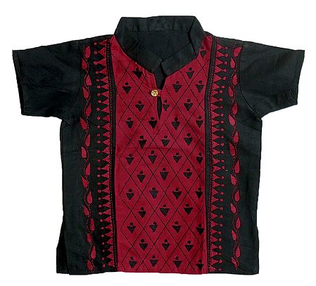 Black with Red Short Kurta with Kantha Stitch for Young Boy