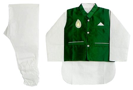 Modi Dress - White Cotton Churidar Kurta with Raw Silk Green Jacket