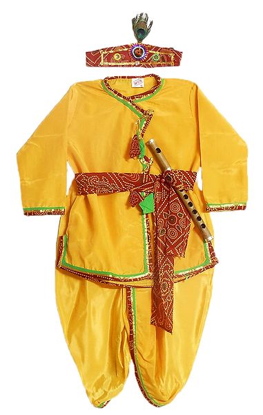 Golden Yellow Silk Dhoti (Pyjama type) and Kurta with Headress and Waistband  (This Dress is like Lord Krishna)