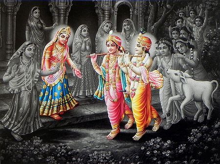 Radha, Krishna and Balarama with Gopis and Gopinis of Vrindavana