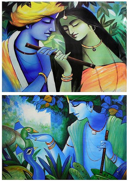 Animal Lover Krishna and Radha Krishna - Set of 2 Posters