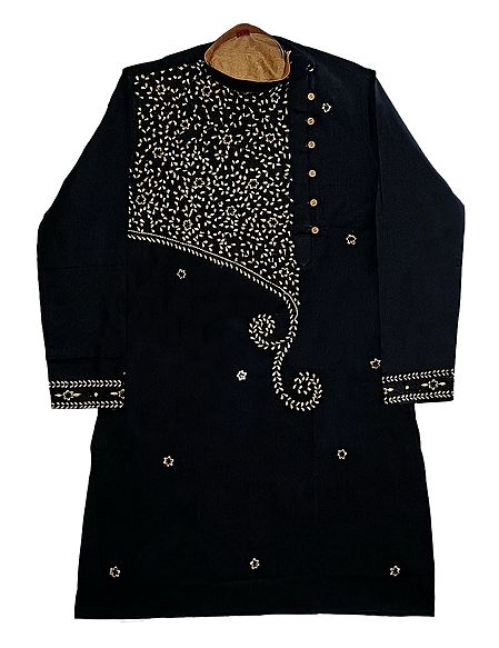 Embroidered Black Cotton Kurta for Men