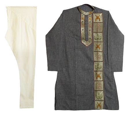 Embroidered Grey Kurta with Off-White Churidar