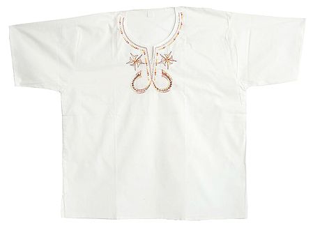 Embroidered Mens White Short Kurta