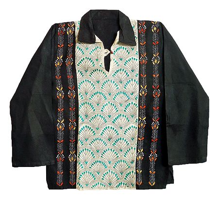 Off-White with Black Mens Short Kurta with Kantha Stitch