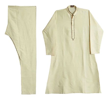 Embroidered Light Beige Mens Churidar Kurta
