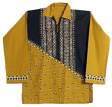 Yellow with Black Patch Short Kurta with Kantha Stitch