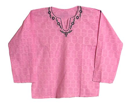 Mens Pink Short Kurta with Embroidered Neckline