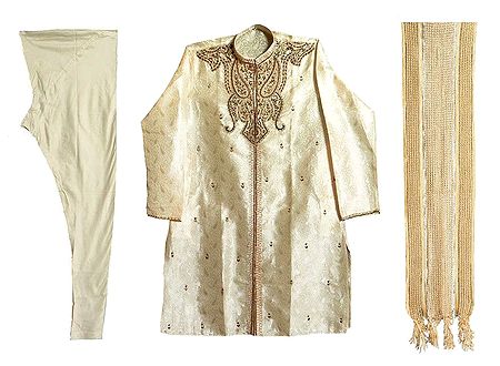 Light Beige Self Design Mens Sherwani with Zardosi Work