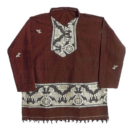 Dark Rust Full sleeve Kurta with Baluchari Weaved Design