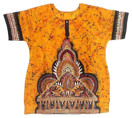 Dark Yellow, Red and Black Batik Painted Kurta