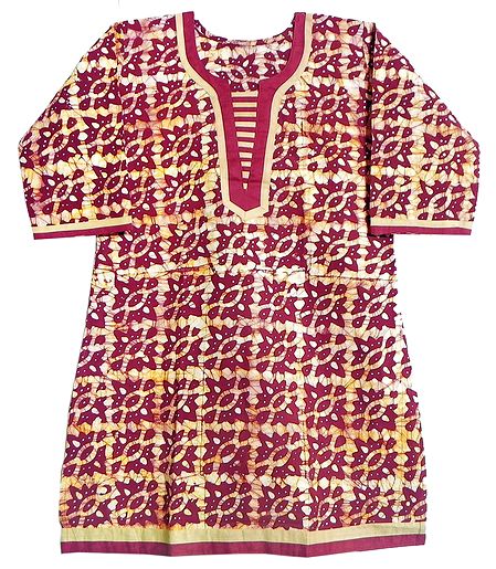 White and Yellow Printed Batik on Dark Red Kurta with Three Quarter Sleeves
