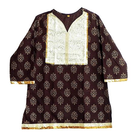Dark Brown Printed Kurti with Sequine Work on White Appliqued Cloth
