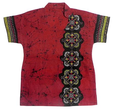 Red and Black Batik Painted Kurta with Kantha Stitch Embroidery