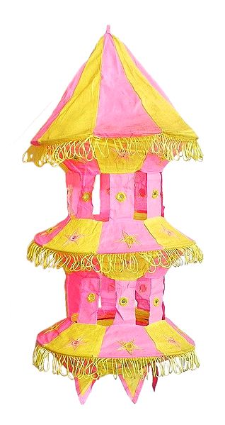 Light Yellow with Pink Appliqued and Mirrorwork Foldable Hanging Cloth Lamp Shade