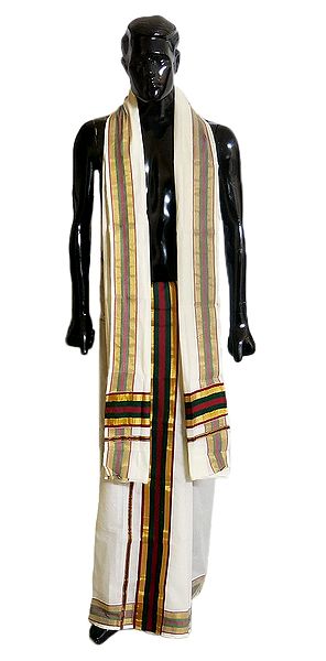 Off-White Cotton Lungi and Chadar with Red, Green, Black and Zari Border