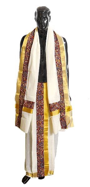 Off-White Cotton Kerala Lungi and Chadar with Kalamkari Border