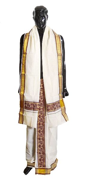Off-White Cotton Kerala Lungi and Chadar with Floral Border