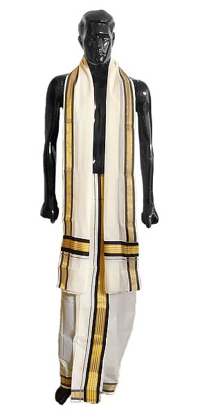 Off-White Cotton Lungi and Chadar with Zari and Black Border