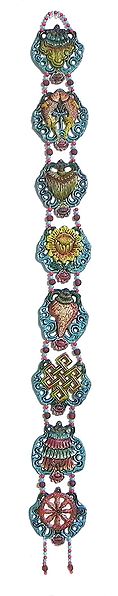 Coloful 8 Lucky Signs of Buddhism on White Metal - Wall Hanging