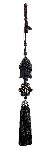 Black Stone Dust Buddha Face on Black Tassel