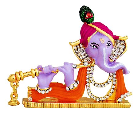 Stone Studded Ganesha Playing Flute - For Car Dashboard