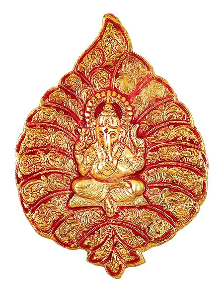 Red with Golden Ganesha on Leaf - White Metal Wall Hanging