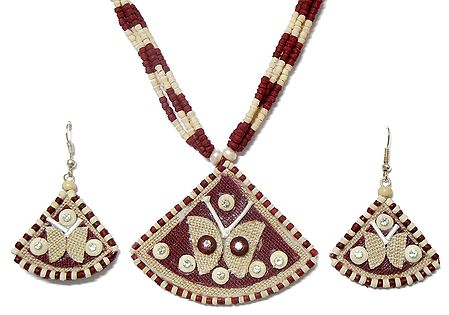 Maroon and Off-White Bead Necklace with Jute Pendant and Earrings