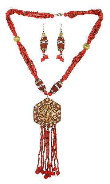 Red Bead Necklace with Jhalar Metal Pendant and Earrings
