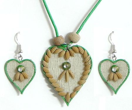 Green Corded Heart Pendant and Earrings Decorated with Off White Wooden Beads and Paddy Rice