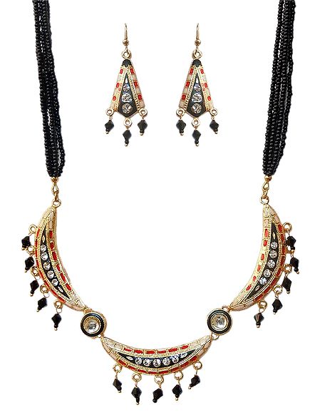 Black Beaded Adjustable Metal Meenakari Necklace with Earrings