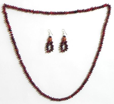 Maroon Wooden Beads and Natural Seed Necklace and Earrings 