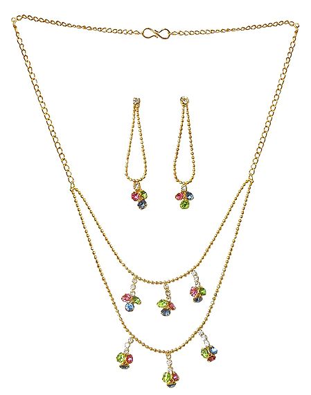 Multicolor Stone Studded Two Layer Golden Necklace and Earrings