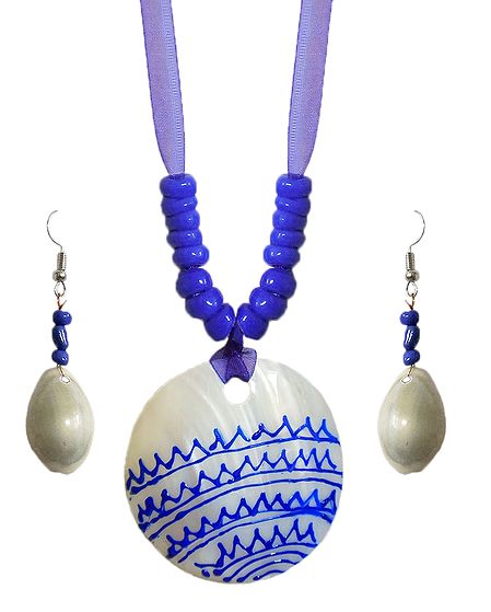 Blue Bead Necklace with Painted Shell Pendant and Adjustable Purple Ribbon