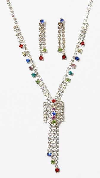 White with Multicolor Stone Studded Necklace Set with Earrings