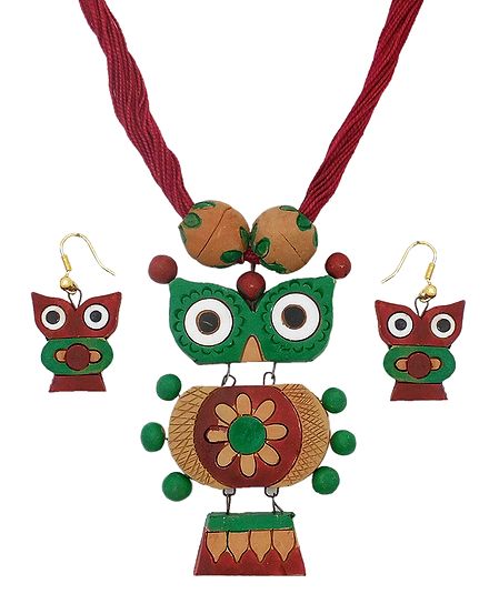 Maroon Thread Necklace with Terracotta Owl Pendant and Earrings