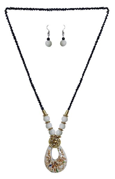 Black with White Beaded Tibetan Necklace and Earrings