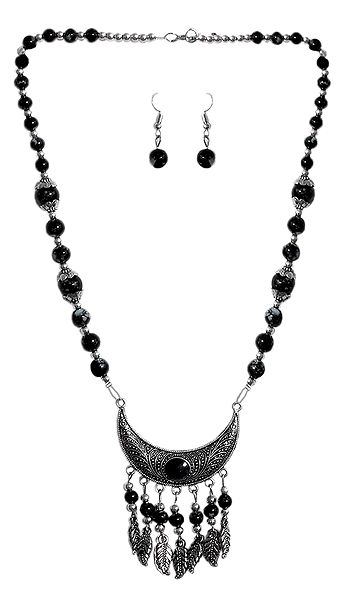 Black with Silver Beaded Tibetan Necklace and Earrings