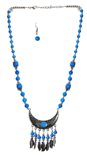 Cyan with Silver Beaded Tibetan Necklace and Earrings