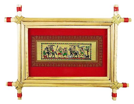 Hunters Procession - Tribal Painting on Palm Leaf - Framed