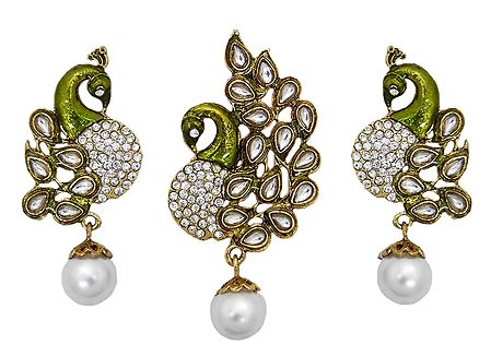 White Stone Studded Laquered Peacock Pendant and Earrings