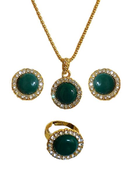 Golden Chain with Green and White Stone Studded Pendant, Earrings and Ring