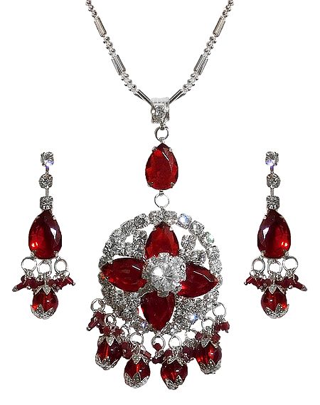 Dark Red Stone Studded Pendant with Chain and Earrings