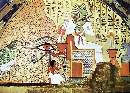 Dead Man Kneeling Before Osiris (From an Egyptian Painting)