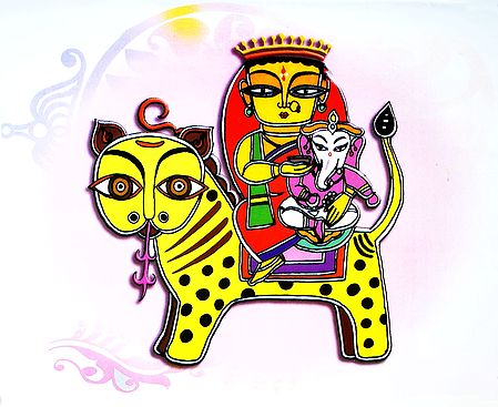 Durga with Ganesha Sitting on Lion - Photo Print of Jamini Roy Painting