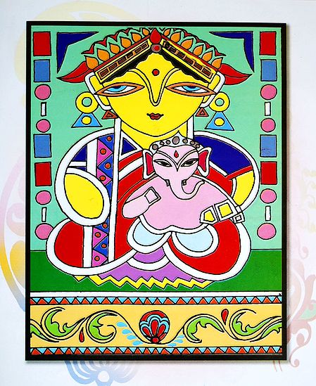 Parvati with Ganesha - Photo Print of Jamini Roy Painting