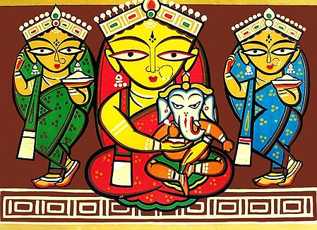 Lakshmi, Saraswati and Durga with Ganesha - Photo Print of Jamini Roy Painting
