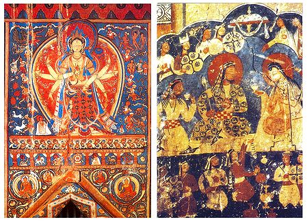 Buddha Akshobhaya and Royal Drinking Scene (Reprint of Medieval Paintings) in Alchi Monastery, Ladakh - Set of 2 Postcards