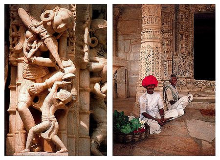 Temple Wall Carvings and Flower Seller in Khajuraho - Set of 2 Postcards