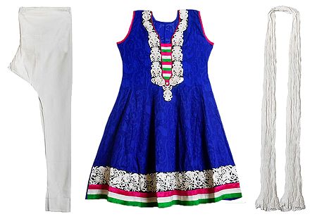 Parsi Embroidered Neckline on Dark Blue Self Design Cotton Kurta with White Churidar and Chunni